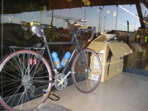 First shot of the bike in Europe at the airport in Lisbon! Exciting! Notice that the bike is now sans stuff sack over the rear wheel...just the two panniers - also exciting!