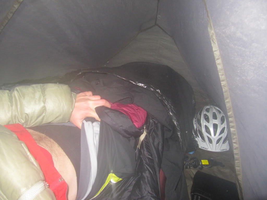 Getting every degree of warmth that I can from my sleeping bag - check out the layerage!!!