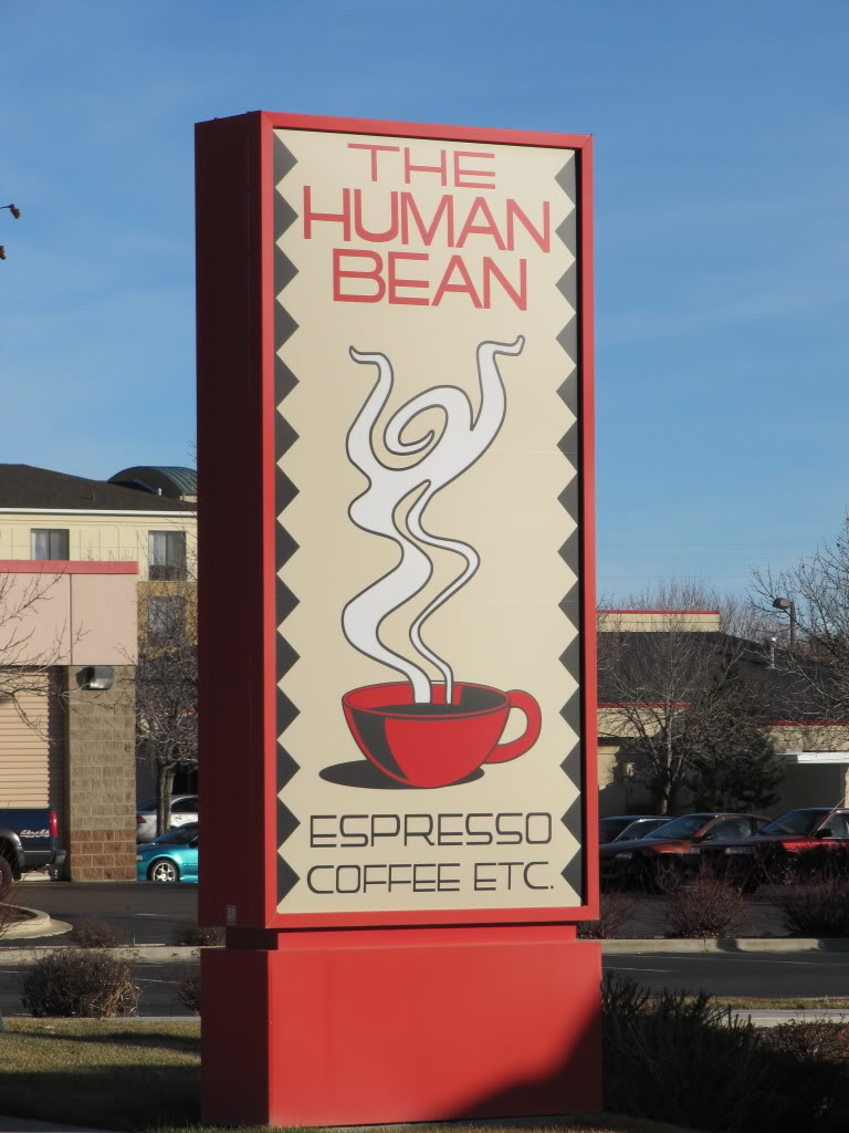 This coffee shop is in Boise...Idaho seems to be at the heart of the Drive-Thru coffee craze that has swept the nation.  I believe that the idea of the Human Bean originated in Roald Dahl's 