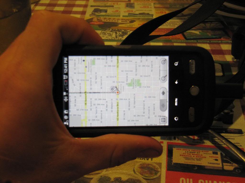 This is my Droid ERIS (DROID eris? ...DROID Eris???) phone. It helps a lot to have it for finding my way out of cities.